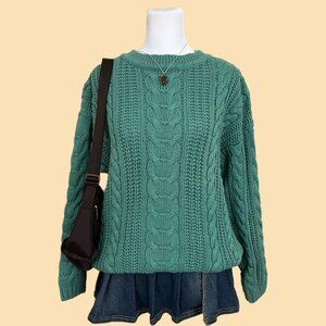 vintage 90s turquoise cozy indie grandpa chunky cotton cable knit sweater